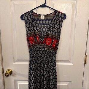 Pretty Navy and Red V Neck Patterned Maxi Dress